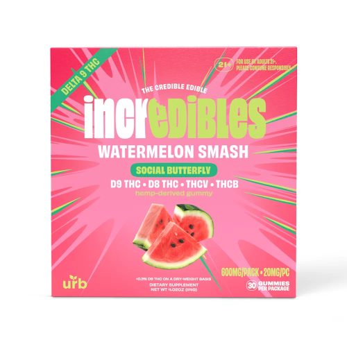 URB incredibles D8 + D9 THC Blend Gummies Watermelon Smash 20 mg 30 Count